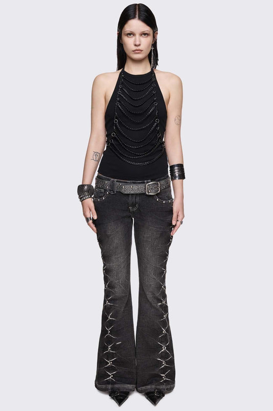 Unravel Black Layered Chain Halter Top