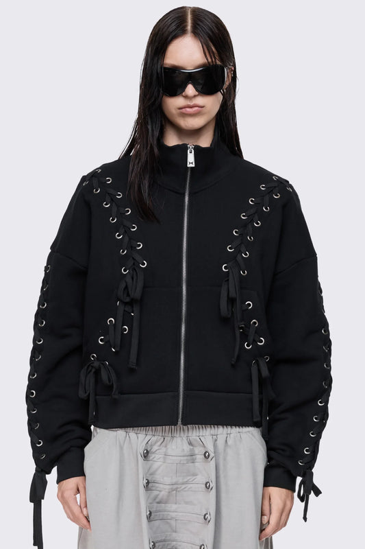 Mia Lace Up Funnel Neck Zip Sweatshirt