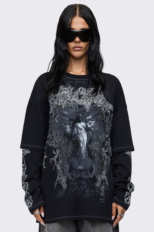 Angels Whisper Black Graphic Layered T-Shirt