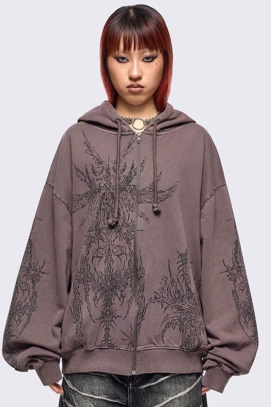 Enigmatic Brown Washed Zip Up Hoodie