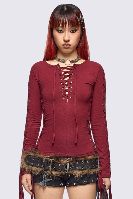 Khaela Burgundy Lace-Up Top