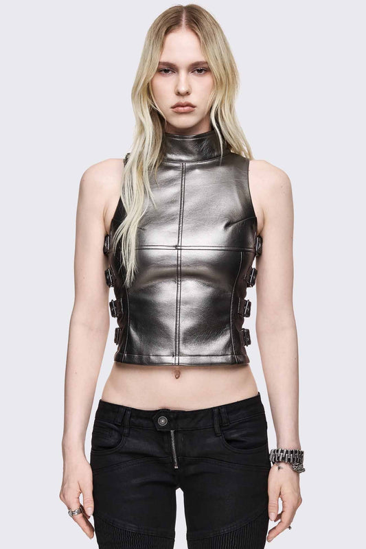 Omen Dark Silver Buckle Faux Leather Top